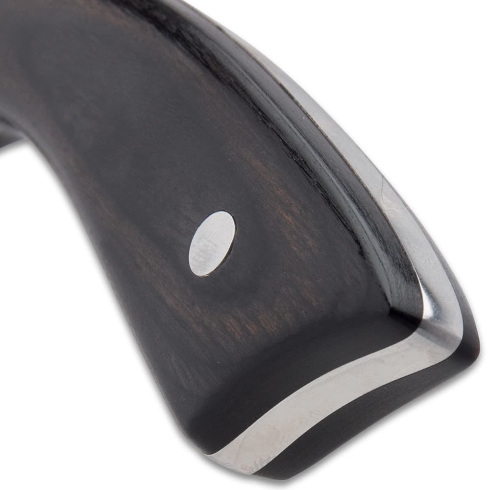 The smooth, black pakkawood handle scales are secured to the tang with heavy-duty stainless steel pins image number 3