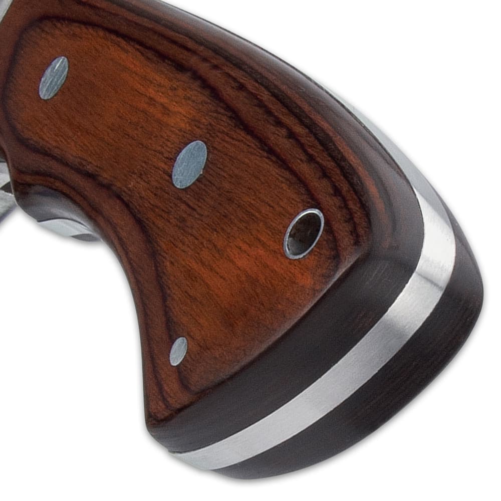 The bloodwood handle scales are attached to the full tang with nickel silver pins and the handle features a stainless steel sub-hilt image number 3