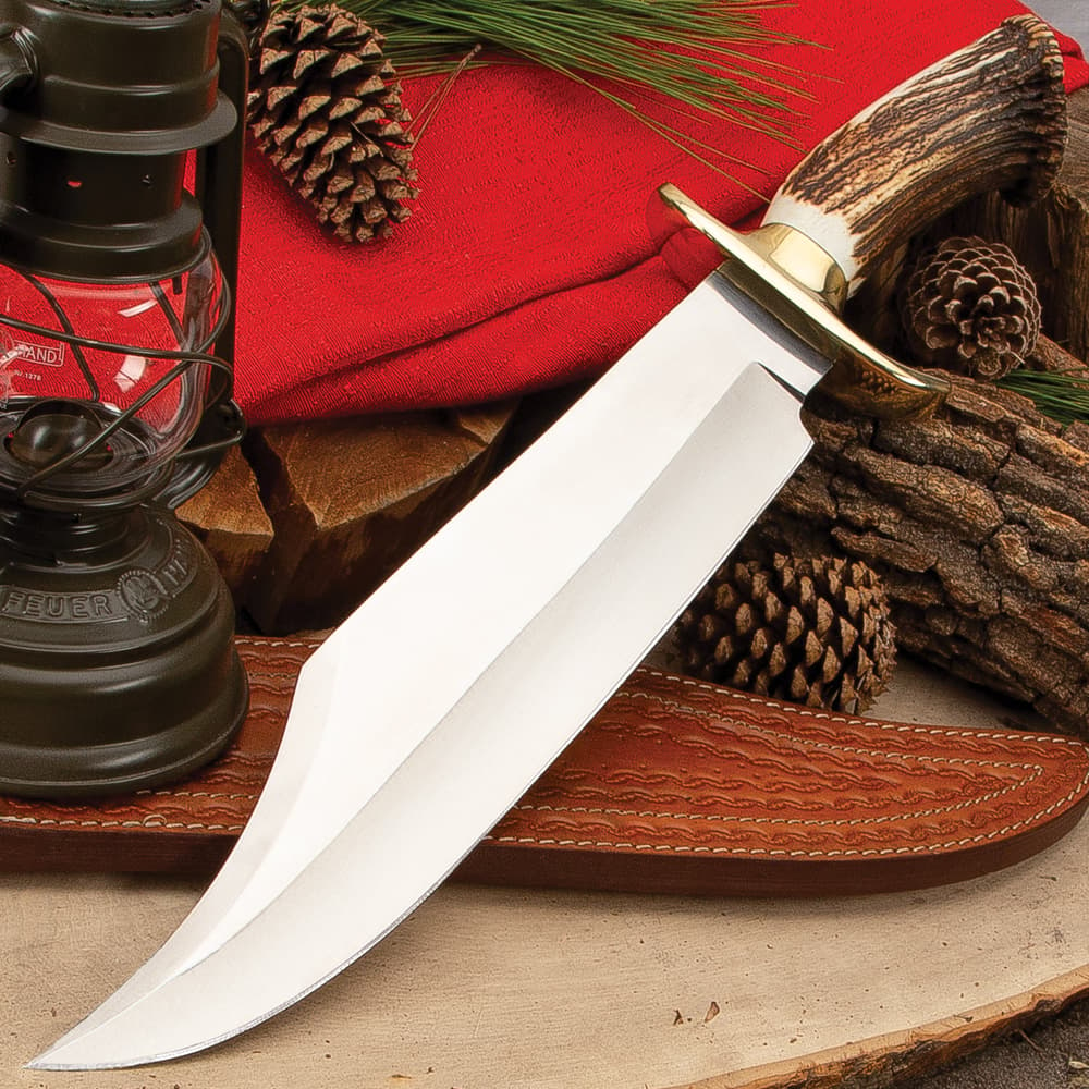 Timber Wolf King Stag Antler Crown Knife With Sheath - Stainless Steel Blade, Genuine Horn Handle, Brass Handguard - Length 22 1/2” image number 3