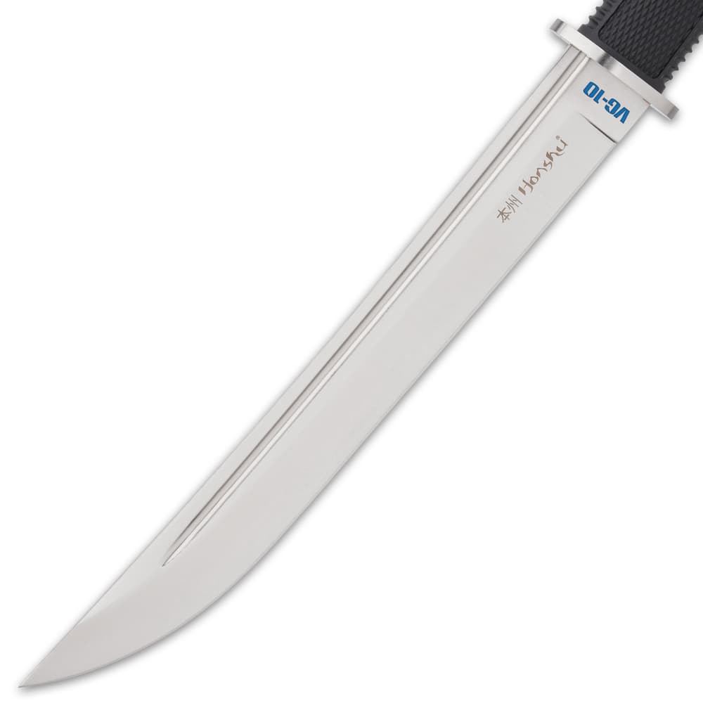 It has a massive, thick, 10 3/4", full tang VG-10 steel blade with a deep blood groove that spans the entire length of the blade image number 3