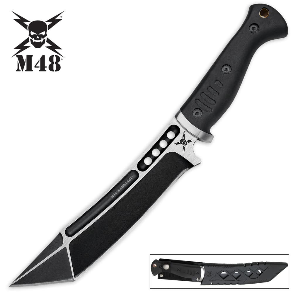 The knife’s black oxide coated blade has a modified tanto point and custom nylon belt sheath. image number 3