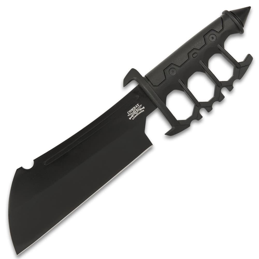 It has a keenly sharp, 7 3/4” 1065 high carbon steel cleaver blade with a black, hard coating and it features a blood groove image number 3
