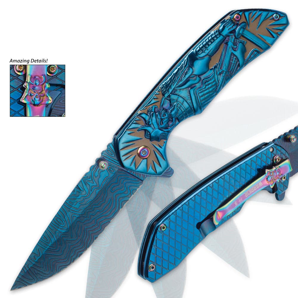 Shadow Warrior Assisted Opening Pocket Knife | DamascTec Steel Blade | Blue And Rainbow image number 3