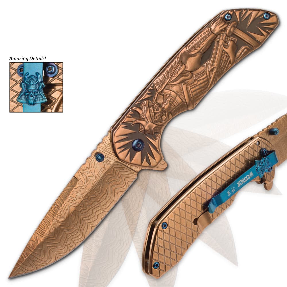 Shadow Warrior Assisted Opening Pocket Knife | DamascTec Steel Blade | Gold And Blue image number 3