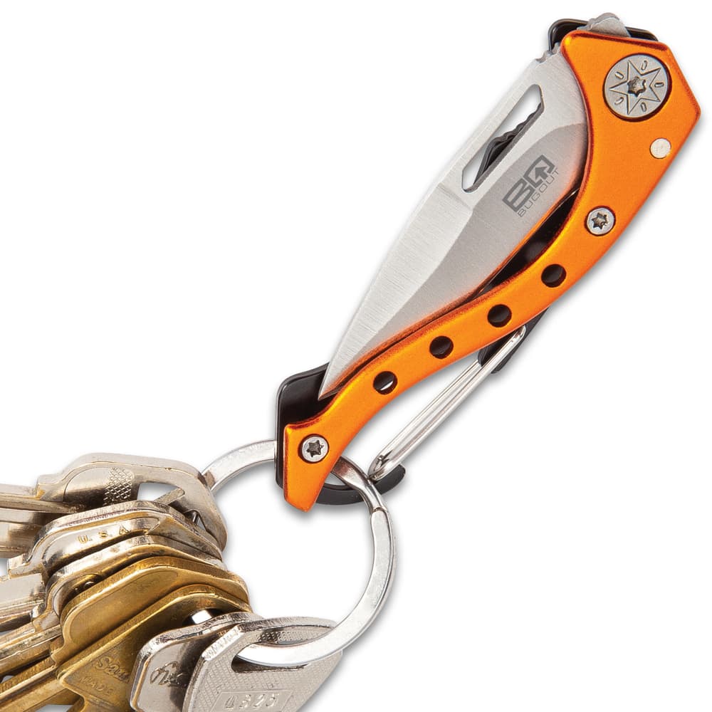 BugOut Carabiner Pocket Knife - Stainless Steel Locking Blade, Cast Aluminum And TPU Handle - Length 4 3/4” image number 3