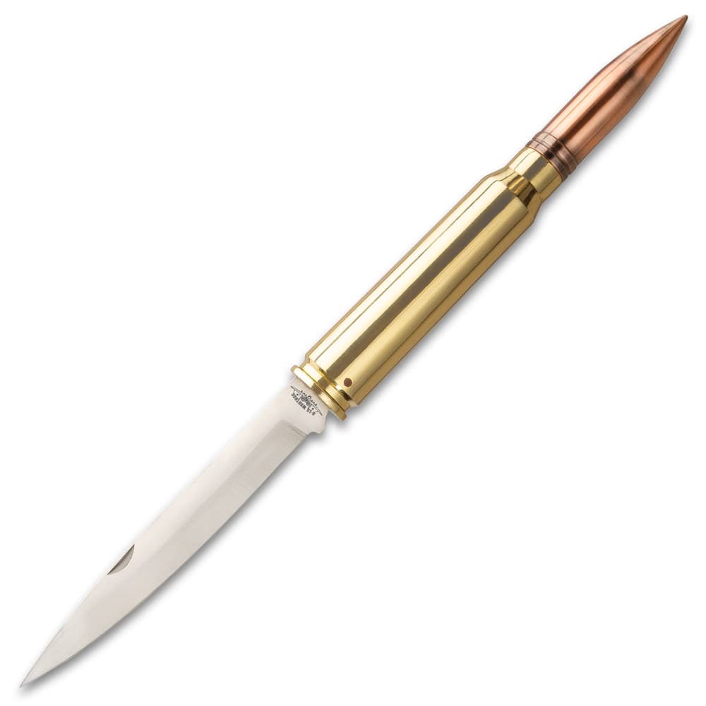 A-10 Warthog Bullet Pocket Knife - 30MM Caliber Round, Stainless Steel Blade, Antiqued Brass Case Construction - Length 19 1/2” image number 3