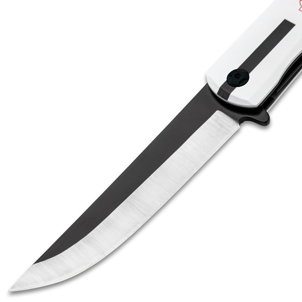 The White Anime Assisted Opening Pocket Knife has a two-toned drop point blade image number 3