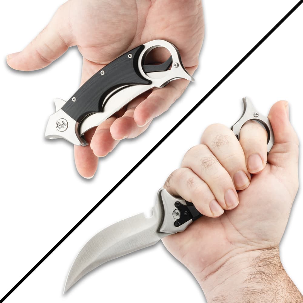 Full image of the Kerambit held in hand opened and closed. image number 3