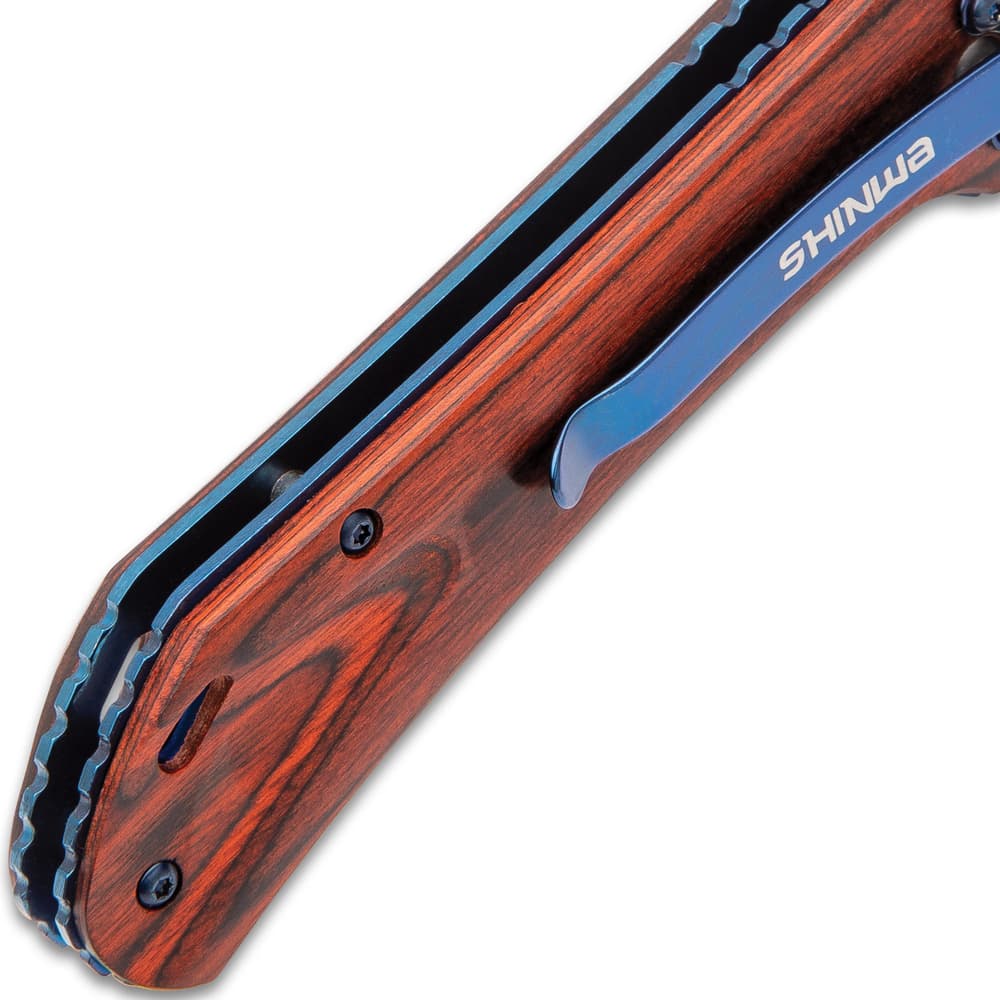 An angled view of the reddish-brown wooden handle scales with metallic blue screws and blue liner. image number 3