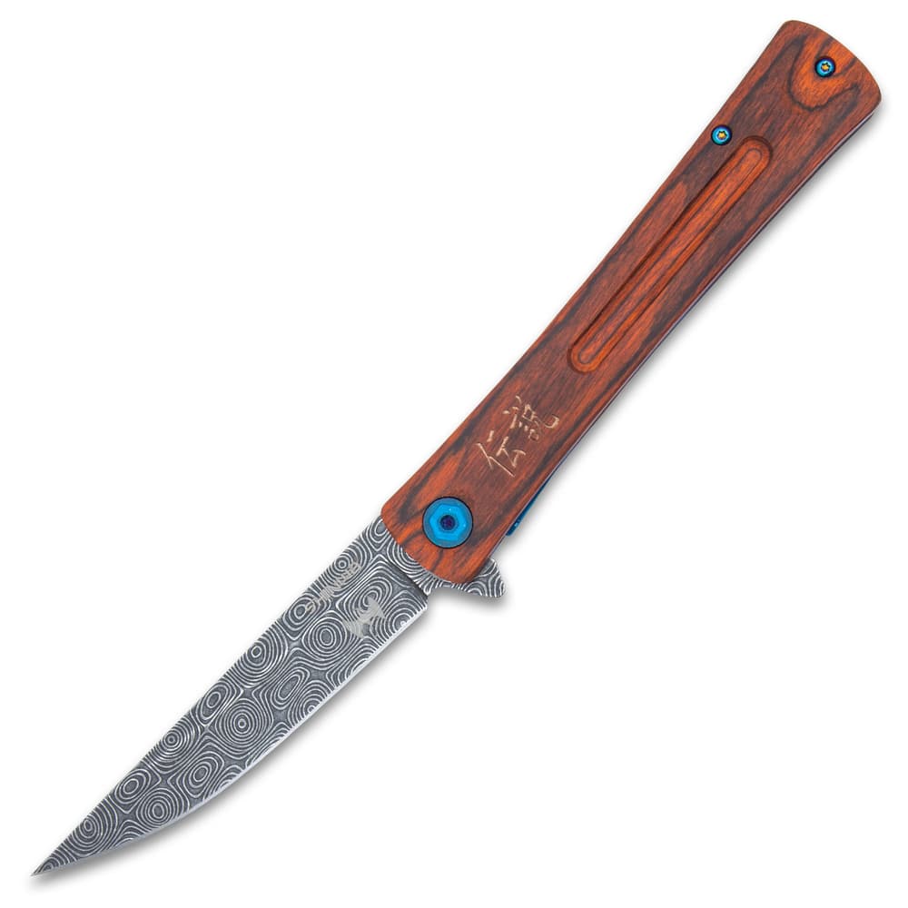 Open slim pocket knife with bloodwood handle engraved with japanese symbols, metallic blue accents, and a grey upswept blade with a raised raindrop pattern. image number 3