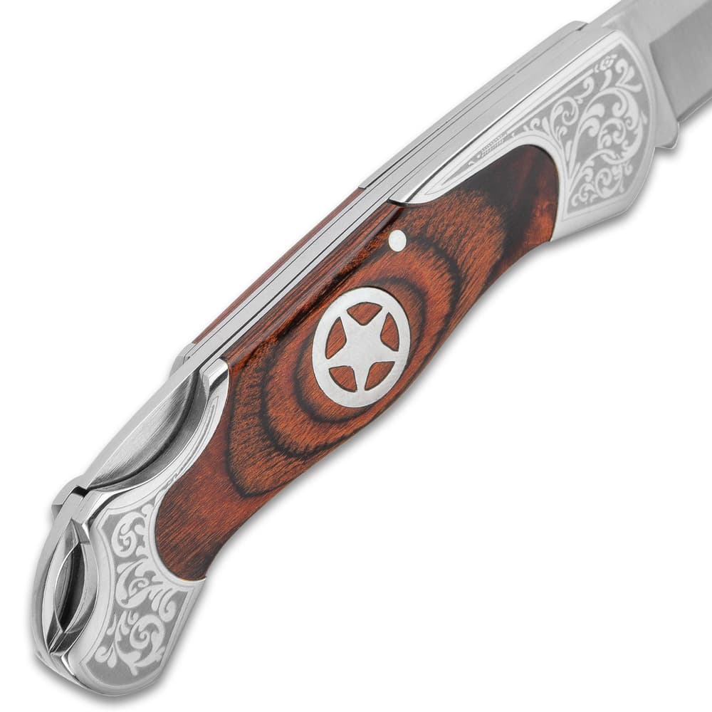 Timber Wolf Sheriff Lockback Pocket Knife - 3Cr13 Stainless Steel Blade, Assisted Opening, Wooden Handle Scales, Etched Bolsters image number 3