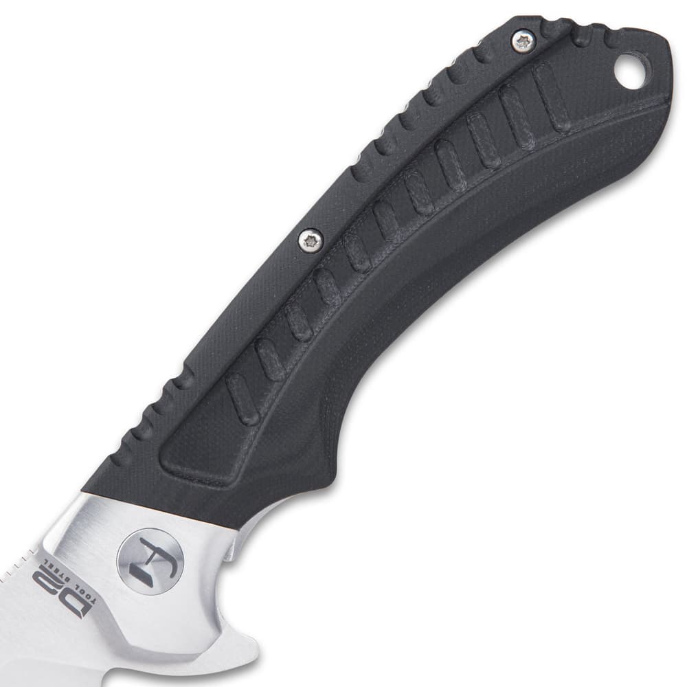 The handle scales are black G10 with deep ridges to give you a secure, slip-free grip and the handle has a lanyard hole image number 3