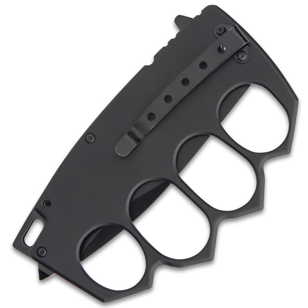 The folding trench knuckle knife has a pocket clip on its handle image number 3