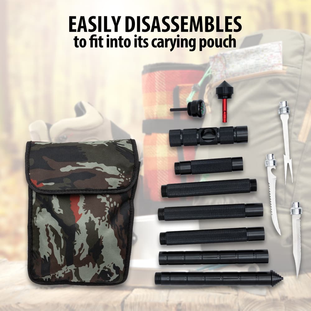 The Trailblazer Tac-Tool Walking Cane shown with its pouch and disassembled image number 3