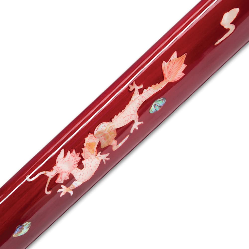 Shinwa Scarlet Komodo Handmade Tanto / Samurai Short Sword - Hand Forged 1045 Carbon Steel - Mother of Pearl Dragon Inlay; Red Hand Lacquered Hardwood; Shirasaya Mounting - Ninja Stealth - Full Tang image number 3