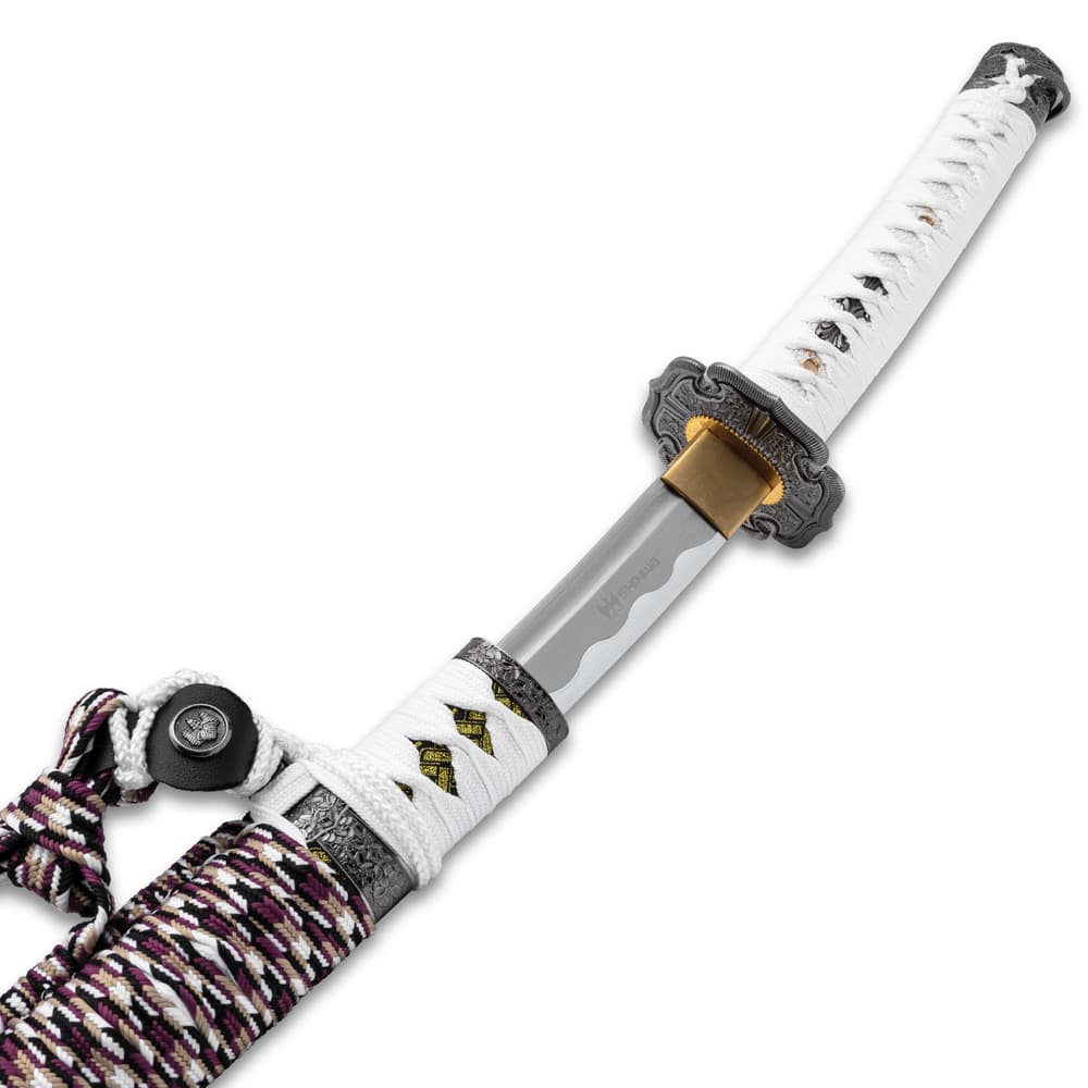 The sword has a faux rayskin and white cord-wrapped hardwood handle with a pewter-colored metal alloy pommel image number 3