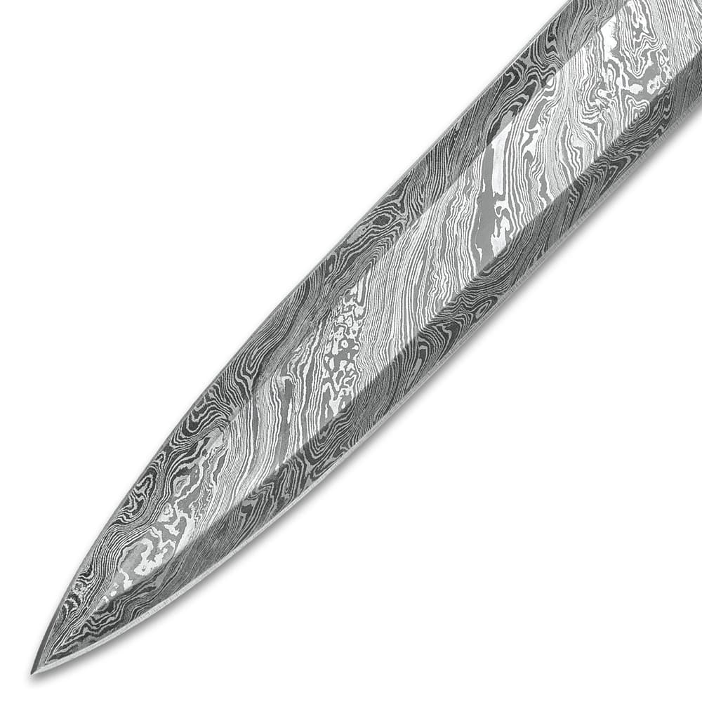Timber Wolf Saga Handmade Double Edged Sword - Hand Forged Damascus Steel - Walnut, Camel Bone - Gladius Style Profile - Genuine Leather Belt Scabbard - 30" image number 3