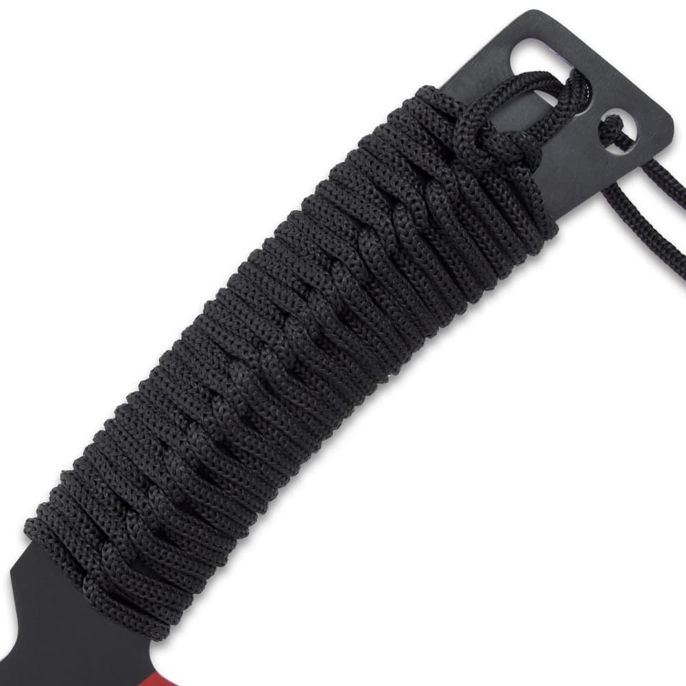 The handle is Samurai-wrapped in black cord with a lanyard left hanging from the lanyard slot at the end of the handle image number 3