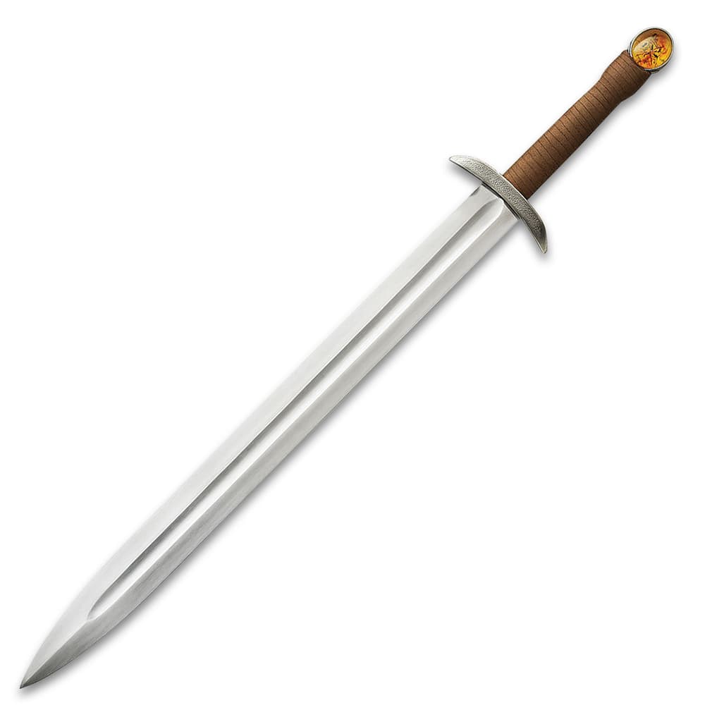 The sword has a 28” stainless steel blade and a leather-wrapped, cast metal hilt with the unique, faux amber pommel image number 3