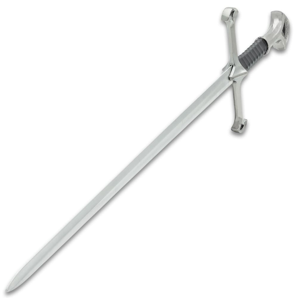 Top view of pewter look metal alloy hilt and pommel on a middle ages warrior stainless steel short sword image number 3