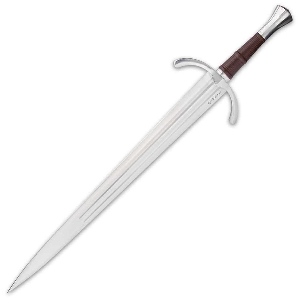 Honshu 1065 high carbon steel sword with wooden handle wrapped in brown leather attached to polished handguard image number 3