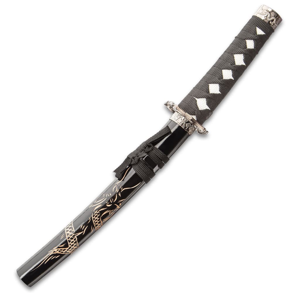 The tanto is shown with dragon design scabbard and black cord wrapped handle. image number 3