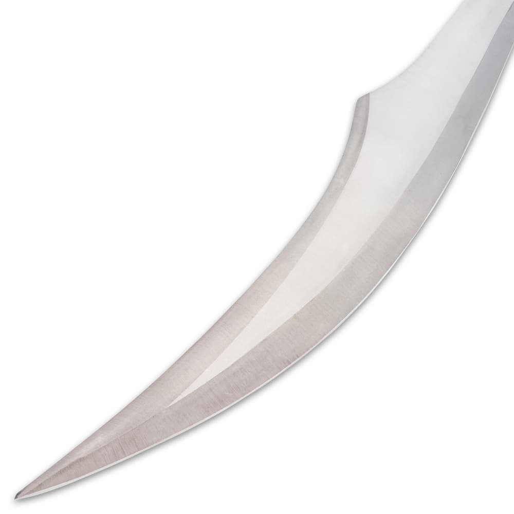 Closeup view of the shamshir’s curved blade, made of stainless steel. image number 3