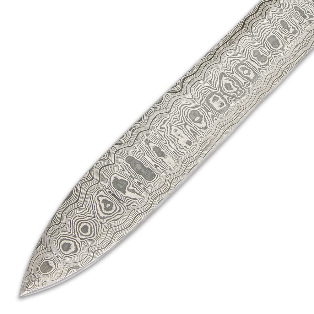 It has a razor-sharp, full-tang 22 1/2” Damascus steel blade, which extends from a polished brass crossguard image number 3