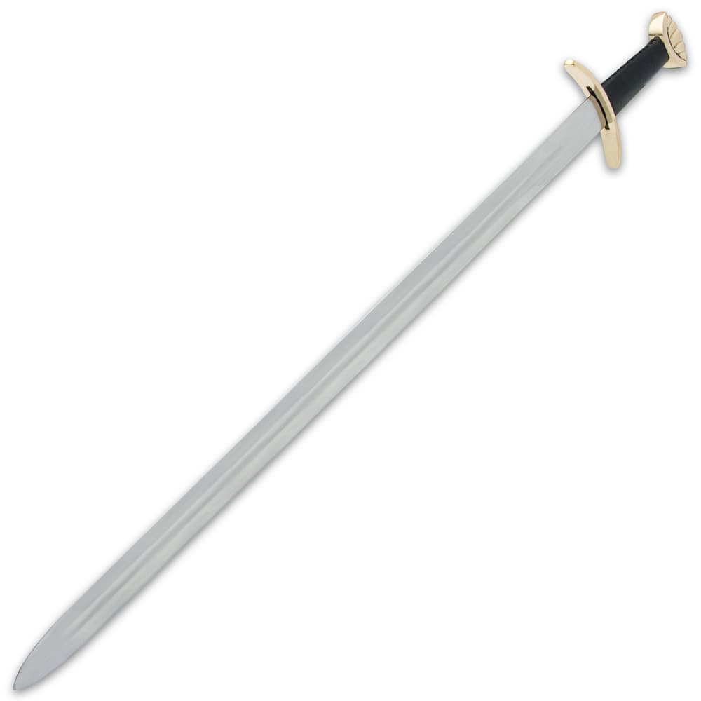 Long sword with 30” carbon steel blade, leather wrapped handle and solid brass guard and pommel. image number 3