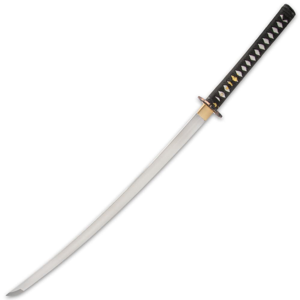 The full-tang, razor-sharp, sword has a 28”, 1045 carbon steel blade, which extends from a polished brass habaki image number 3