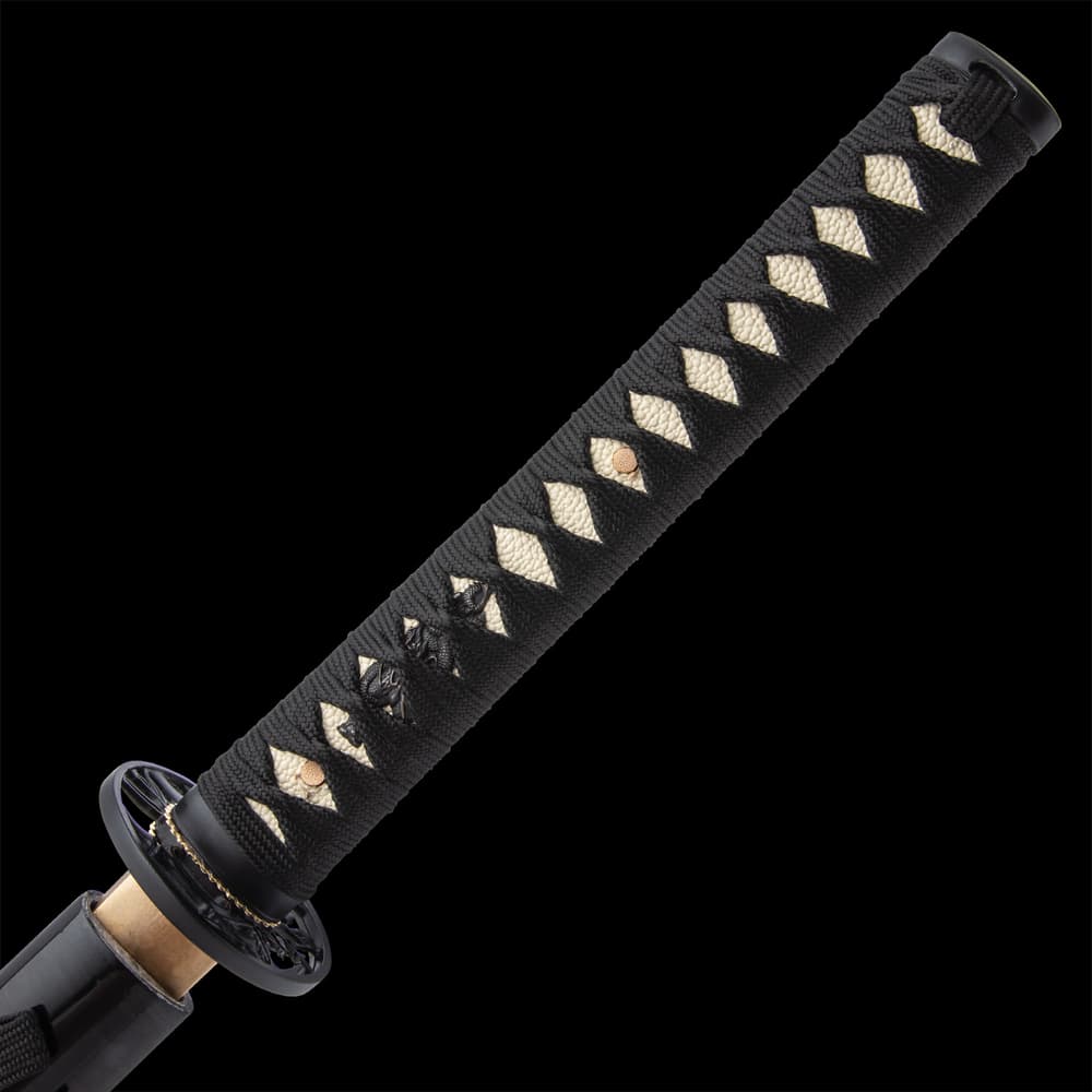 It has an expertly cord-wrapped hardwood handle and an intricately crafted bamboo-themed, cast metal alloy tsuba image number 3