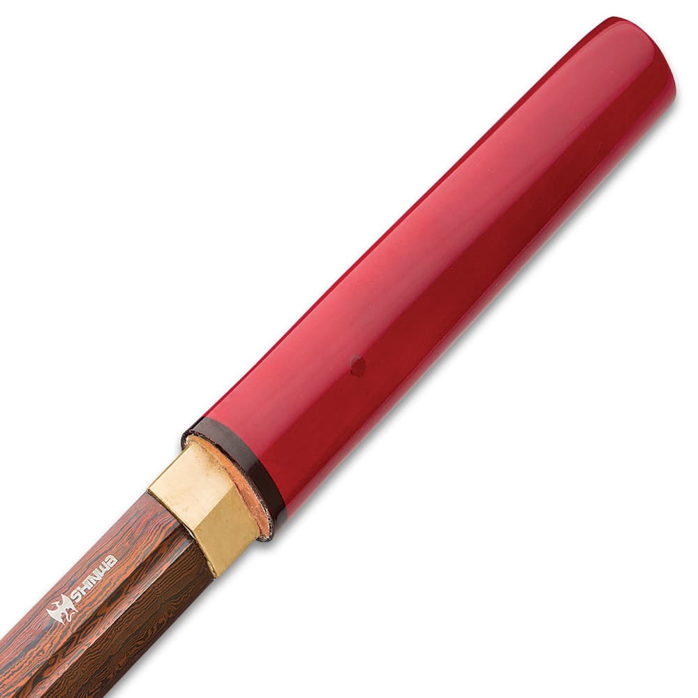 Shinwa ScarletFang Handmade Shirasaya / Samurai Sword - Double-Edged Blade; Exclusive Hand Forged Black Damascus Steel; Red Hand Lacquered Hardwood - Functional, Battle Ready, Ninja Sleek - Full Tang image number 3