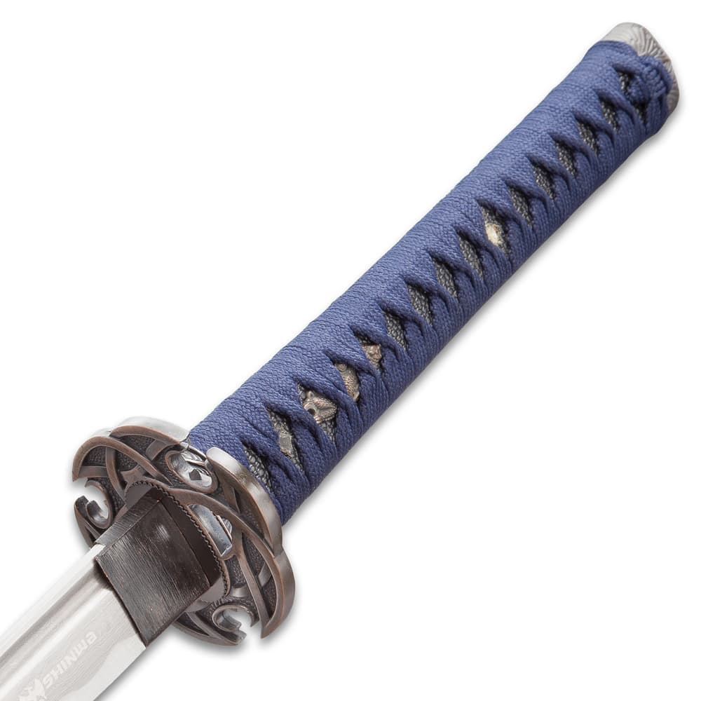 Shinwa Blue Knight Handmade Katana / Samurai Sword - Hand Forged Damascus Steel, More Than 1,000 Layers - Distinctive Custom Cast Tsuba - Faux Ray Skin - Functional, Battle Ready, Full Tang image number 3