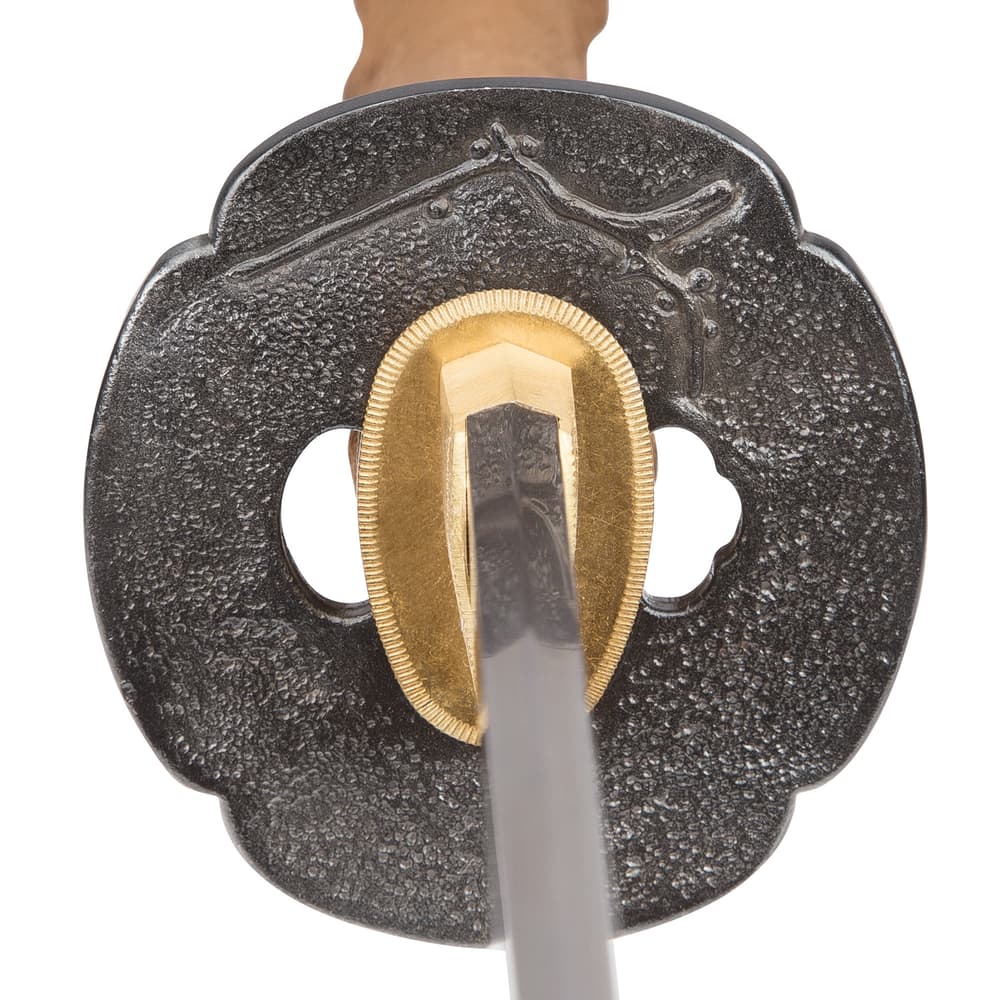 Detailed view of the iron tsuba with branch detailing. image number 3