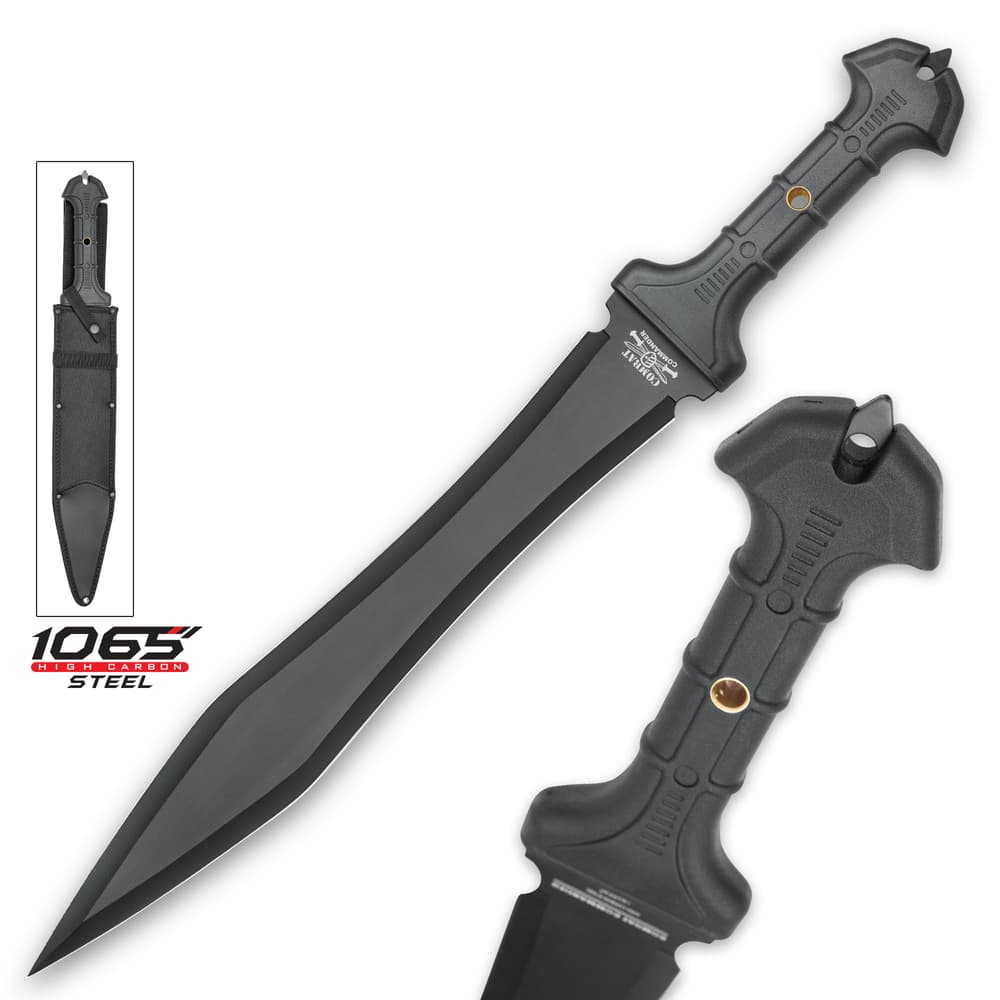 Gladiator sword with sharp 1060 high carbon steel blade enclosed in black nylon sheath with a tpr rubberized handle image number 3