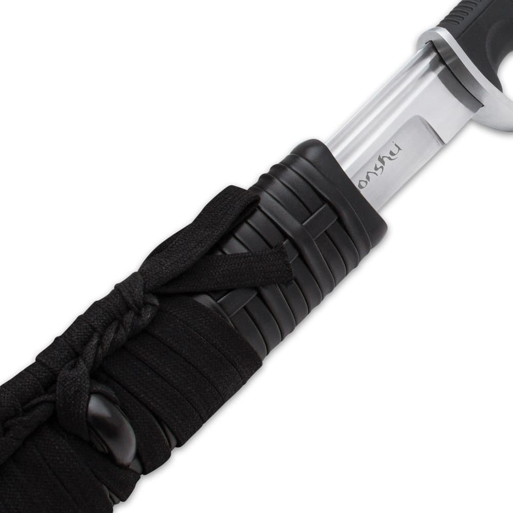 Sword in black braided sheath with an inch of carbon steel blade showing image number 3