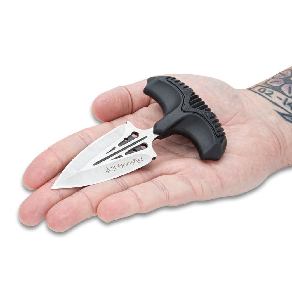 Honshu Small Covert Defense Push Dagger And Sheath - 7Cr13 Stainless Steel Blade, Molded TPR Handle - Length 4 3/4” image number 3