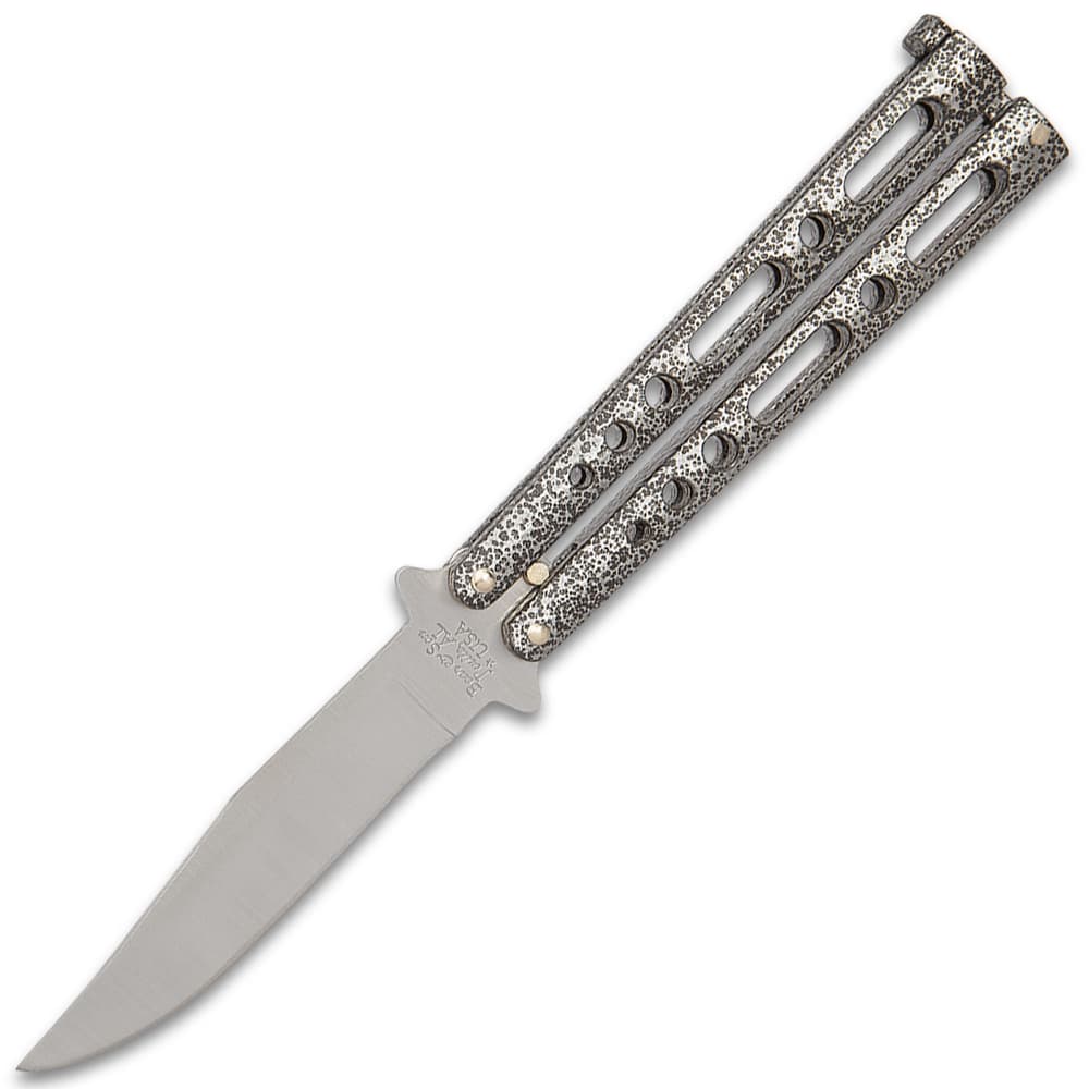 Bear & Son Silver Vein Handle Butterfly Knife has a 4” stainless steel, hollow ground, clip point blade with a satin finish and a double tang pin design image number 3