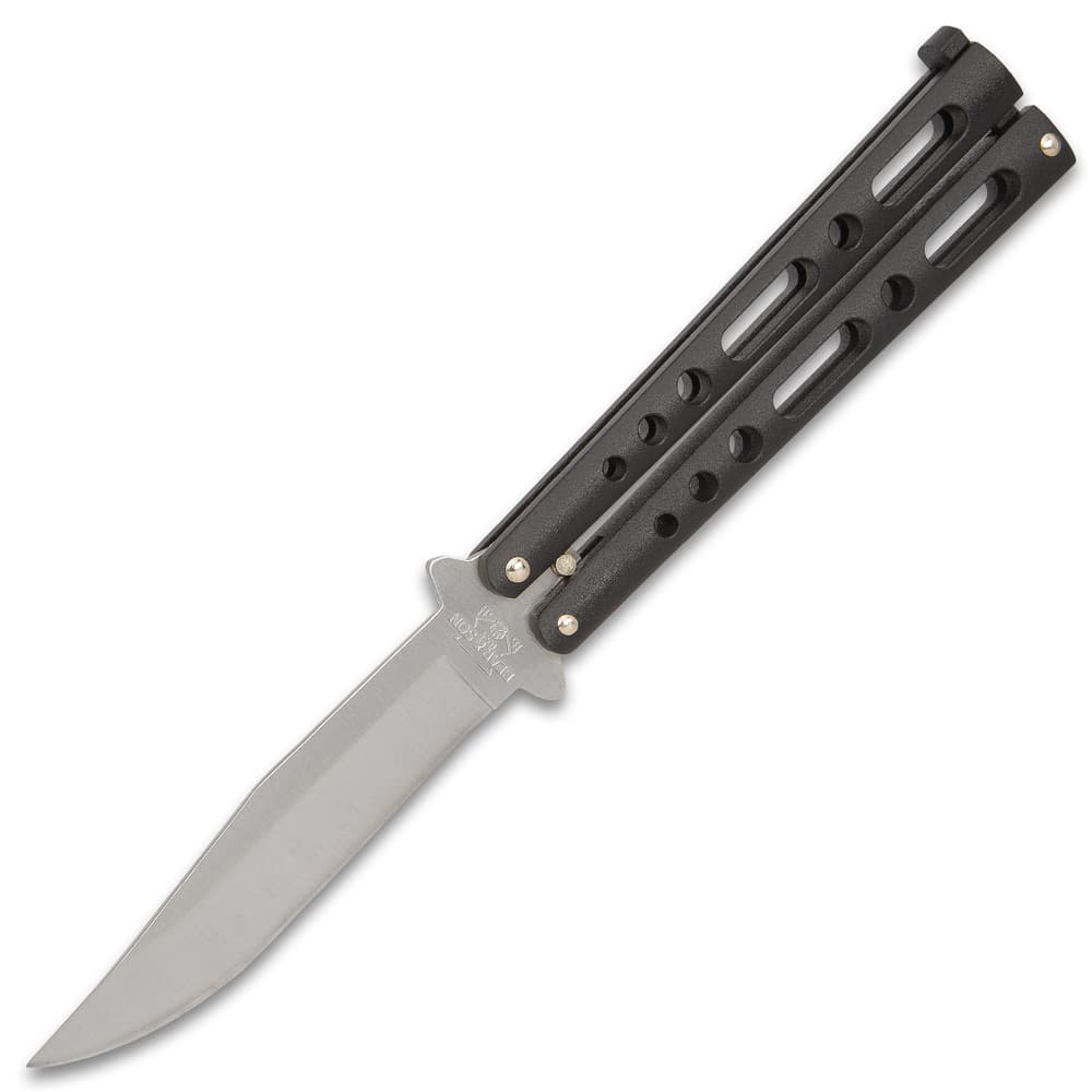 The Bear & Son Black Handle Butterfly Knife has a 4” stainless steel, hollow ground, clip point blade with a satin finish and a double tang pin design for great performance image number 3