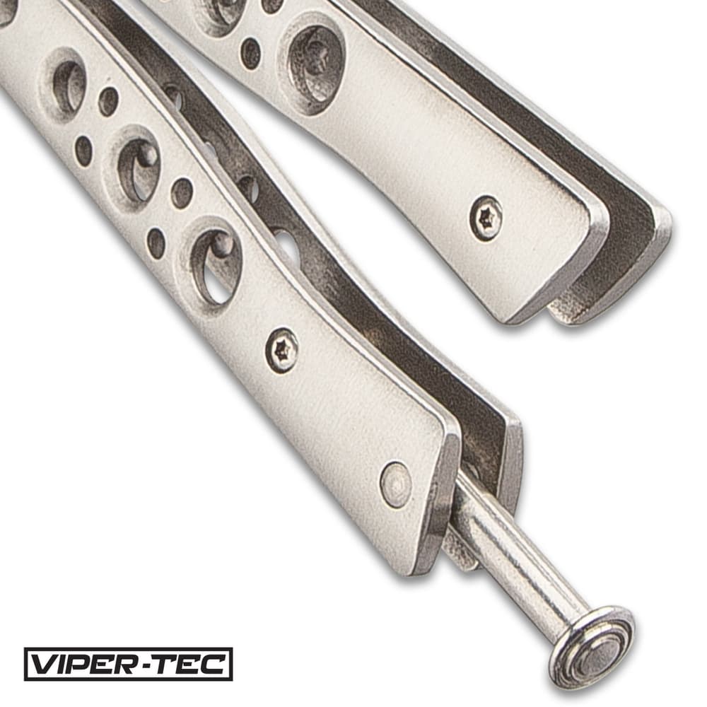 Viper-Tec Scorpion Tip Balisong Knife - Stainless Steel Tanto Blade, Skeletonized Aluminum Handles, T-Latch - Length 8 3/4 image number 3