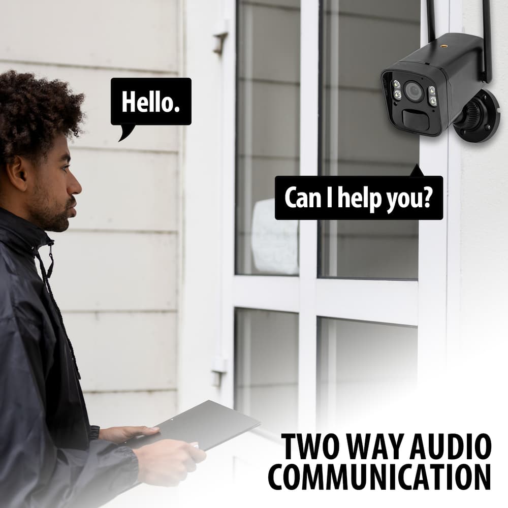 This image shows the two-way voice communication feature of these wi-fi security cameras. image number 3