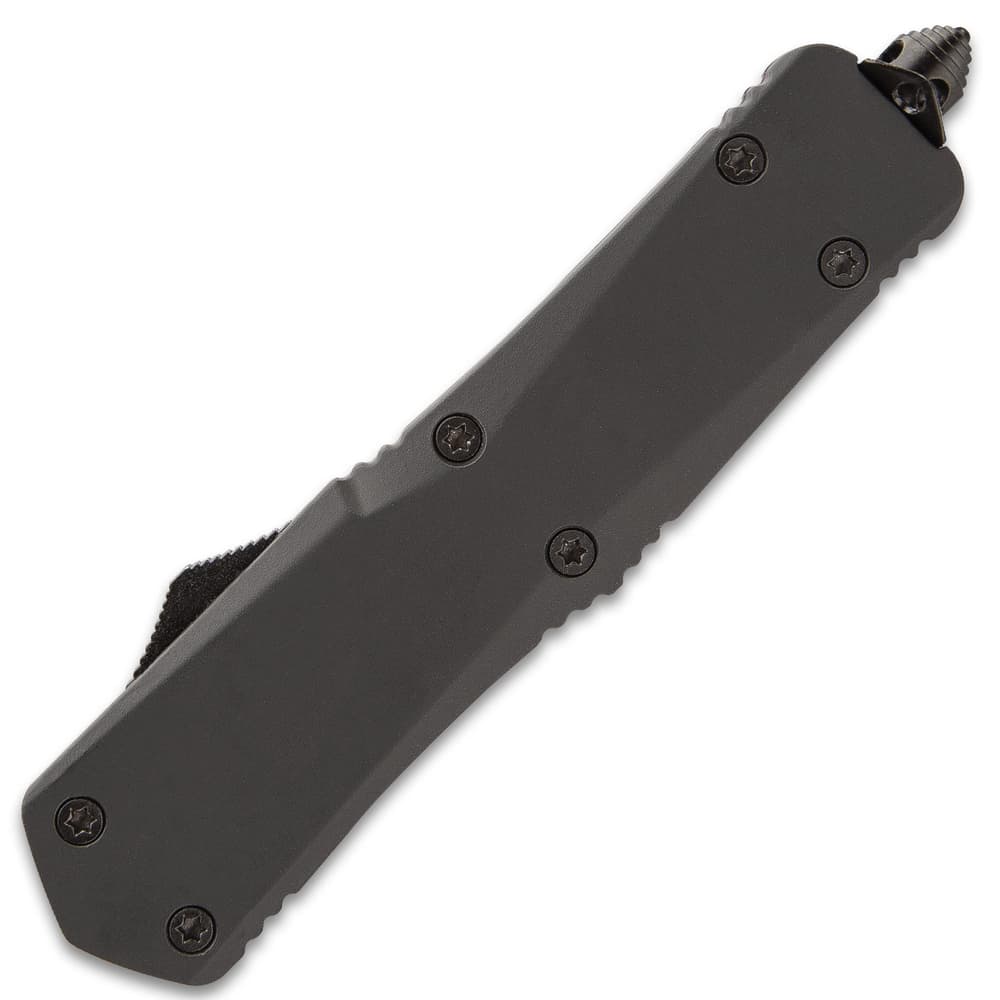 Ghost Series Black Double Edge OTF Knife - Stainless Steel Blade, Metal Alloy Handle, Pocket Clip - Length 9” image number 4