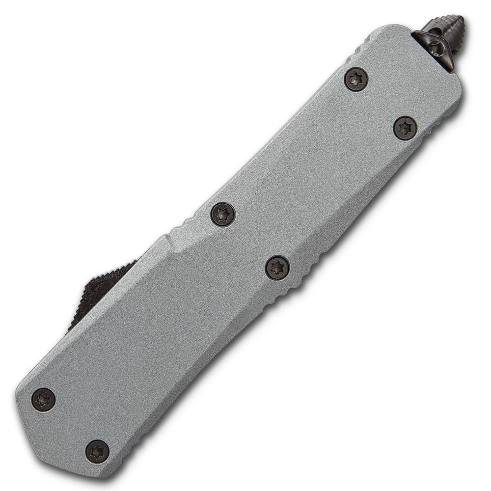 Ghost Series Grey Tanto OTF Knife - Stainless Steel Blade, Metal Alloy Handle, Pocket Clip - Length 9” image number 4