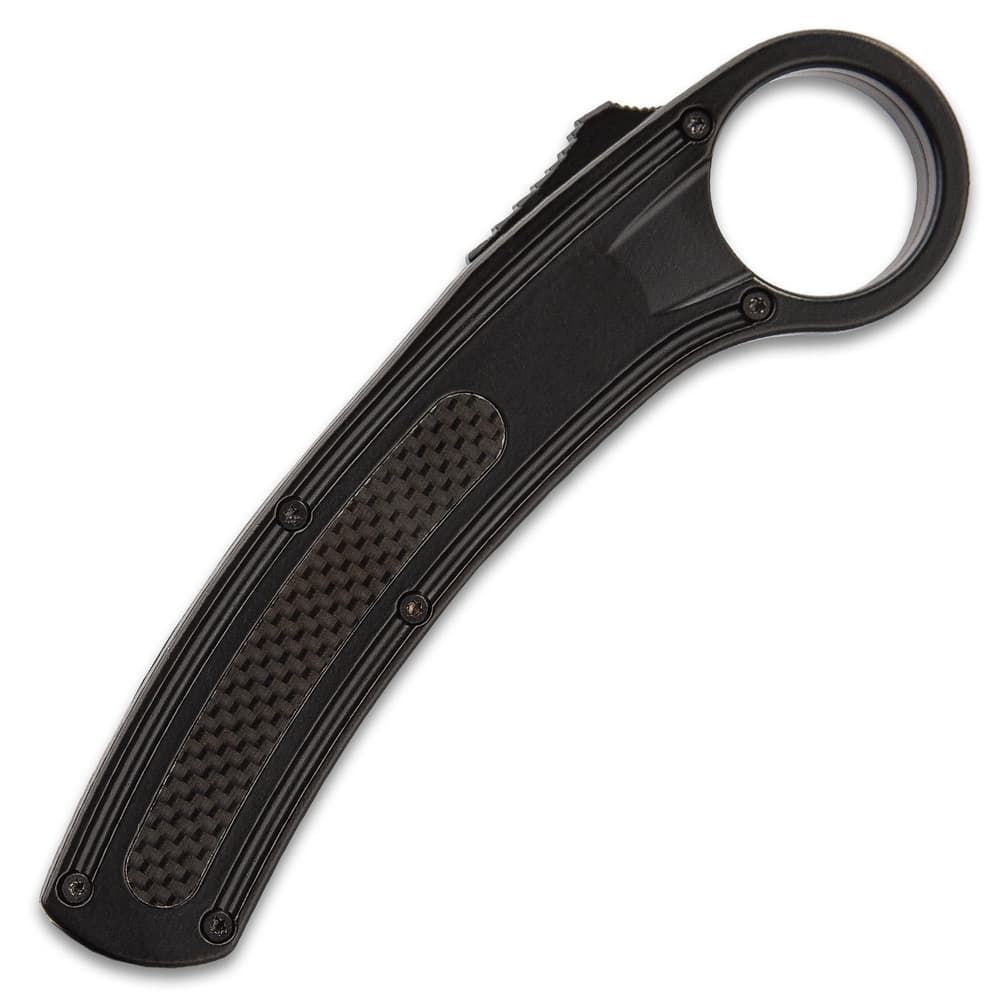 Detailed view of the textured black metal alloy handle with retention ring and black deployment button on the spine. image number 4