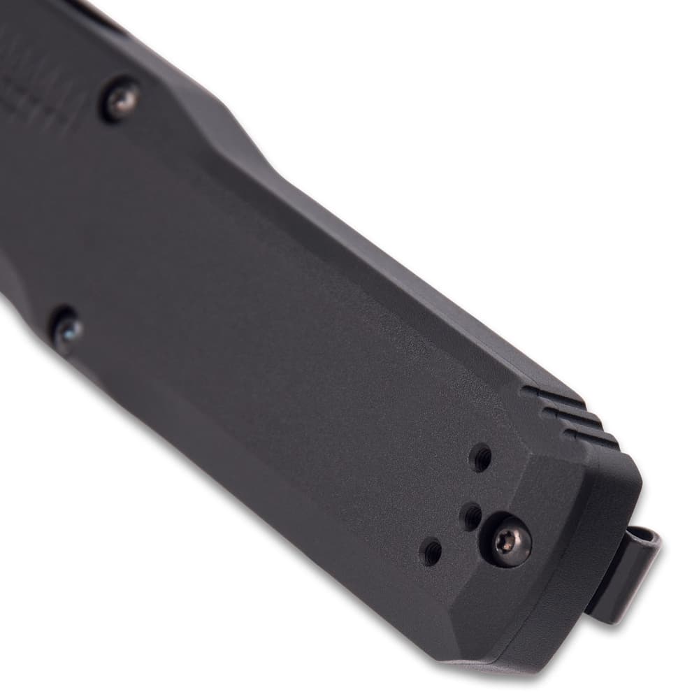 Black aluminum pocket knife handle with decorative grooves and reversible pocket clip. image number 4