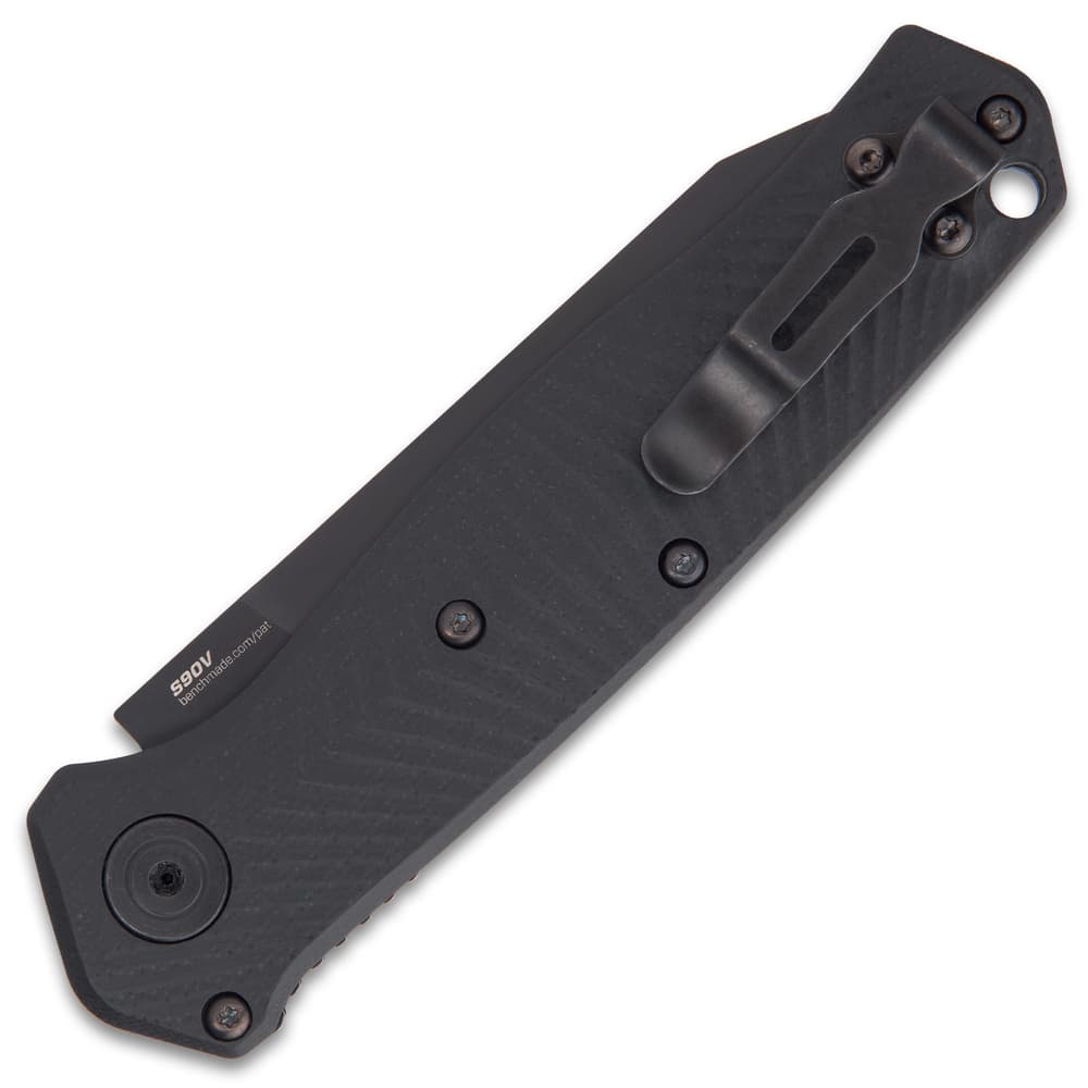 Closed benchmade mediator automatic pocket knife with a matte black finish and deep pocket clip. image number 4