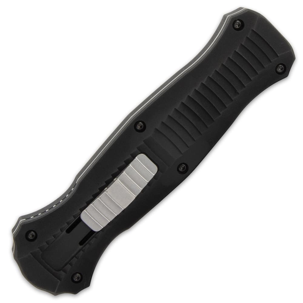 Closed black benchmade infidel OTF pocket knife with satin grey sliding trigger and decorative handle grooves. image number 4