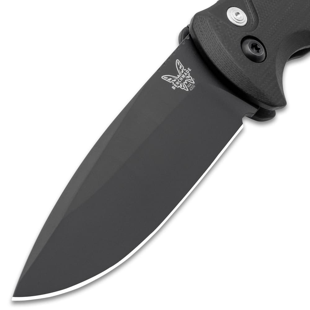 The Benchmade Black Composite Lite Automatic Knife has a has a 154CM stainless steel, drop point blade. image number 4