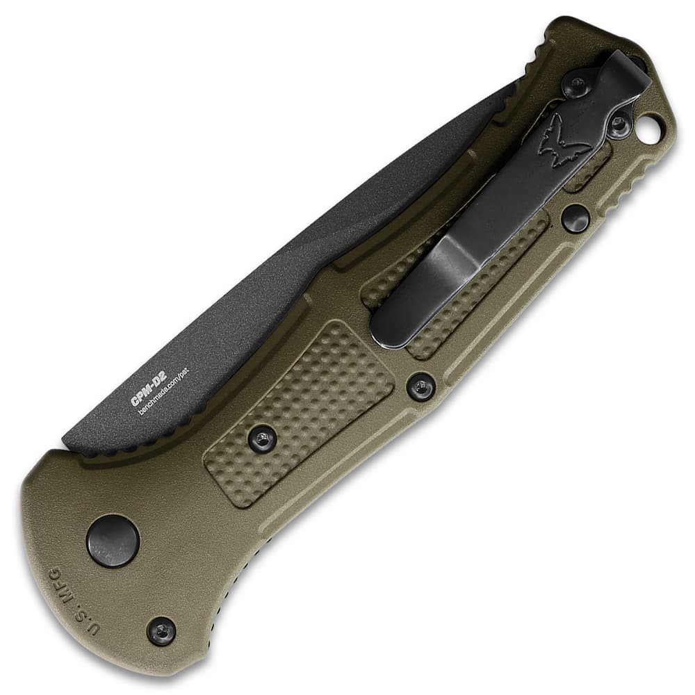 Angled image of the Folder Knife rear side showing the clip band textured handle. image number 4