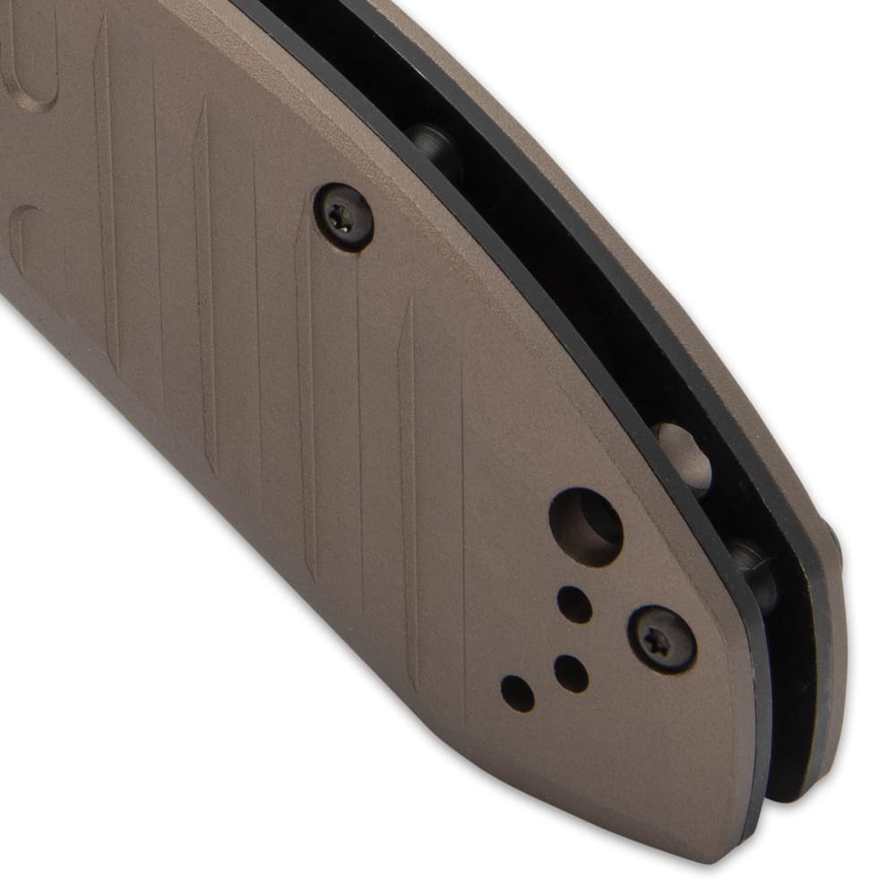 The automatic pocket knife is 5”, when closed, and 8 7/10” overall image number 4